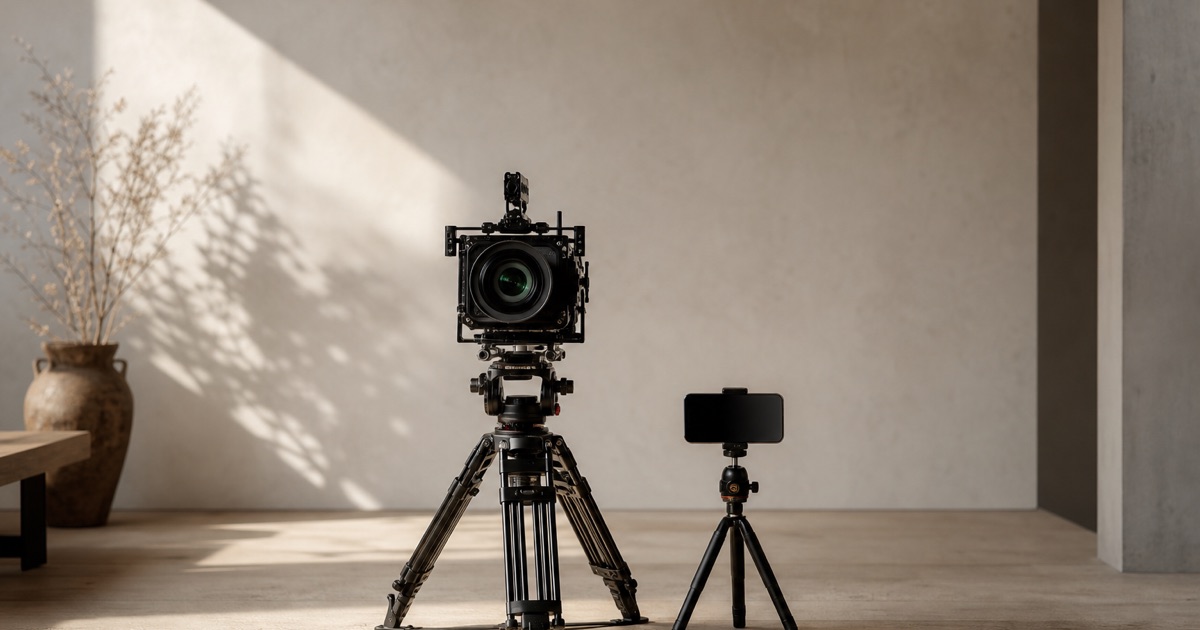 A cinema camera on a tripod and a smartphone on a mini tripod standing side by side